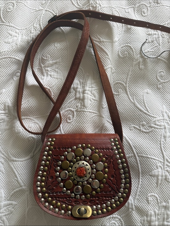 Handbags - Brown Leather Crossbody Bag with Stud Accents